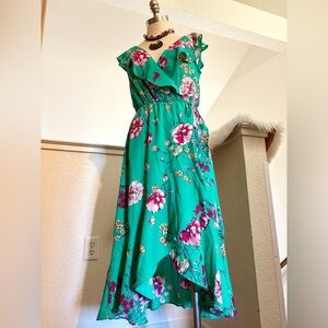 NWT XS Green Pink Floral Wrap Dress